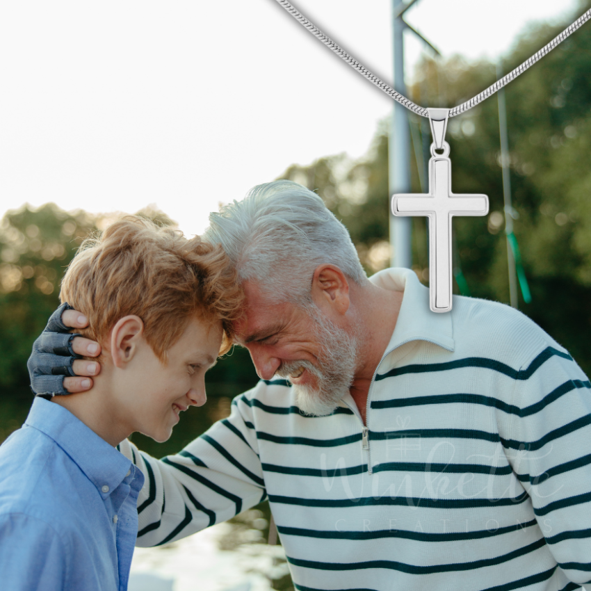 Emotional moment between grandfather and grandson as they touch foreheads and smile, with a silver cross necklace shown above. A meaningful Christian gift for grandson from grandpa — symbolizing love, guidance, and faith. Ideal for birthdays, holidays, or keepsake gifts for grandsons.
