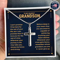 Thumbnail for Silver cross necklace with sentimental message card for grandson, held by a hand. Gift from grandma grandma