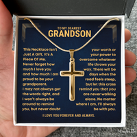 Thumbnail for Gold cross necklace in a decorative box with sentimental message for grandson