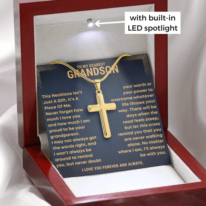 Grandson Necklace with Gold cross pendant in a heartfelt message card with luxury box. 