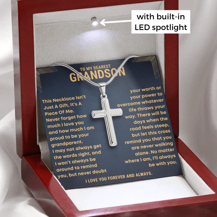Grandson Necklace with cross pendant in a heartfelt message card with luxury box. 