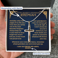Thumbnail for Cross necklace in a gift box with personalized message, held by a hand. gift for grandson from grandfather
