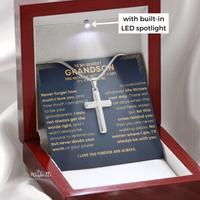 Thumbnail for Silver grandson cross necklace in a luxury box with a heartfelt message card, featuring an LED spotlight. Gift for grandson from grandparents
