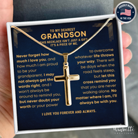 Thumbnail for Grandson Gold Cross Necklace in a box with sentimental message, held by a hand. Gift for grandson from grandparent grandma grandpa