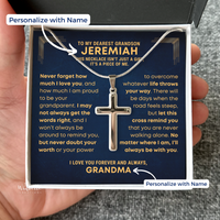 Thumbnail for Grandson Cross Necklace with cross personalized message card in a box, held by a hand. Gift for grandson from grandma grandpa