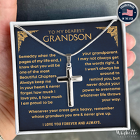 Thumbnail for Grandson Necklace with cross pendant in a heartfelt message card held by a hand