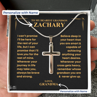 Thumbnail for Silver cross necklace on a personalized card held by a hand. Gift for grandson from grandpa grandma