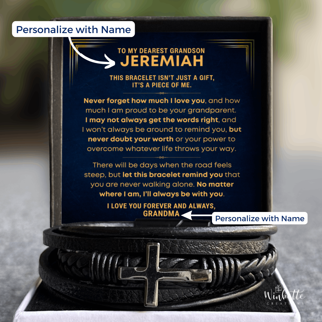 Black braided bracelet with cross charm in a gift box with a personalized message for grandson from grandparent grandma grandpa