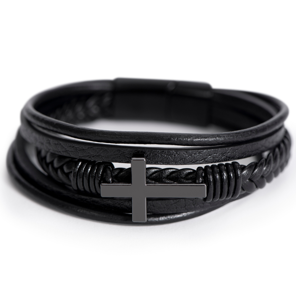 Black braided bracelet with cross charm gift for grandson from grandparent grandma grandpa