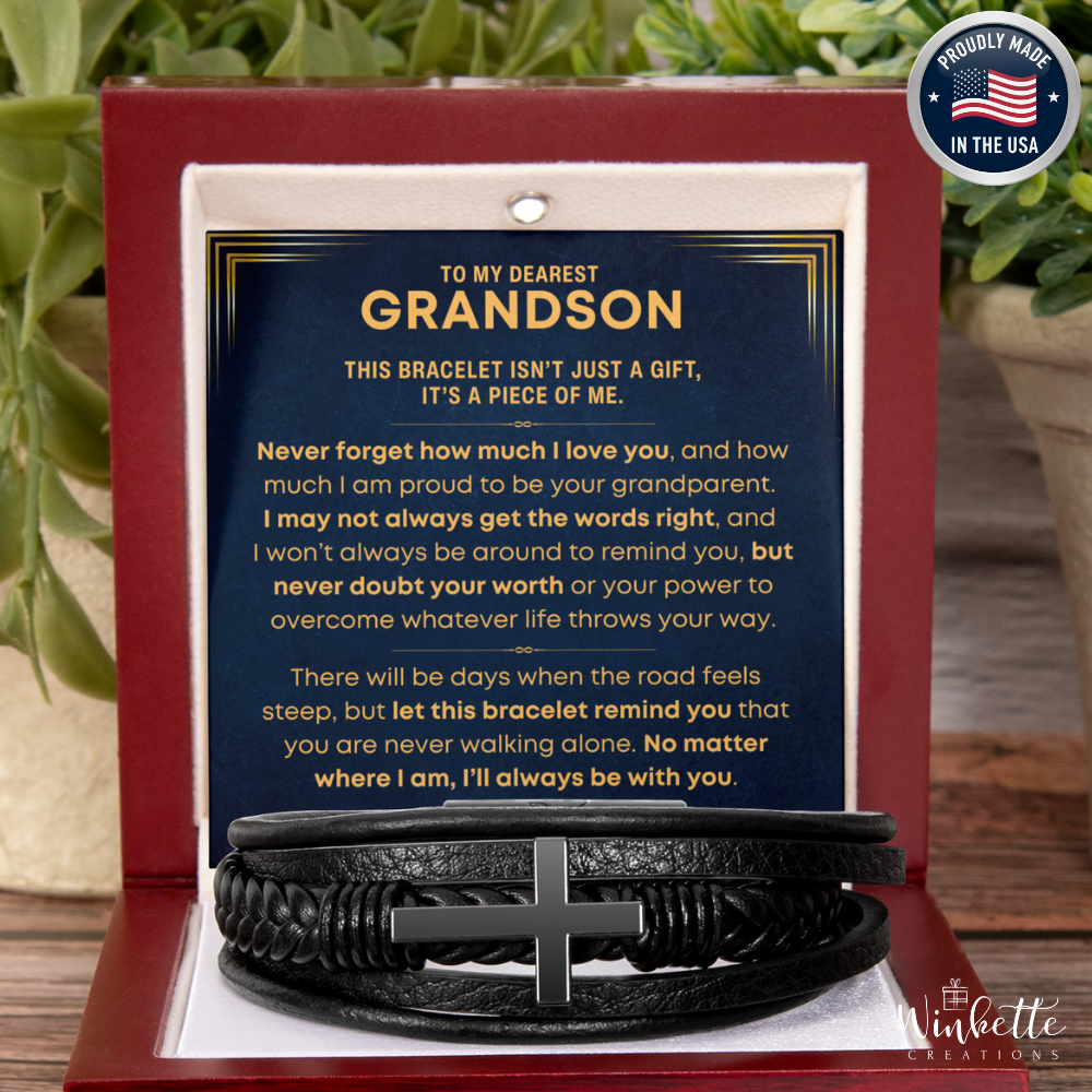 Black braided bracelet with cross charm in a luxury box with a message card for grandson from grandparent grandma grandpa