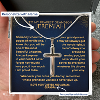 Thumbnail for Cross necklace in a gift box with personalized message, held by a hand. gift for grandson from grandfather