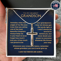 Thumbnail for Grandson Necklace with cross pendant in a heartfelt message card held by a hand