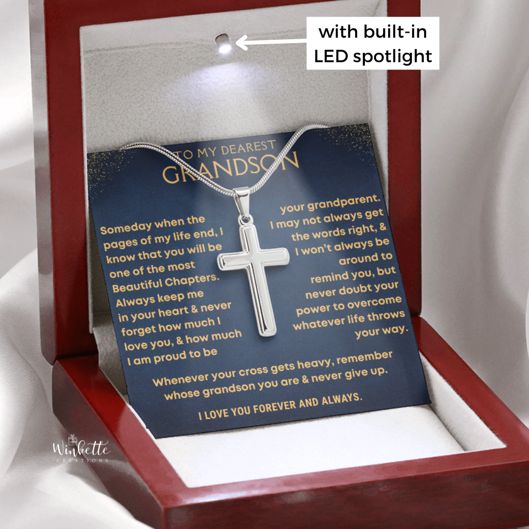 Grandson Necklace with cross pendant in a heartfelt message card with luxury box. 