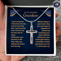 Thumbnail for Silver cross necklace in a gift box with a message to a grandson, held by a hand. Gift for grandson from grandma grandpa