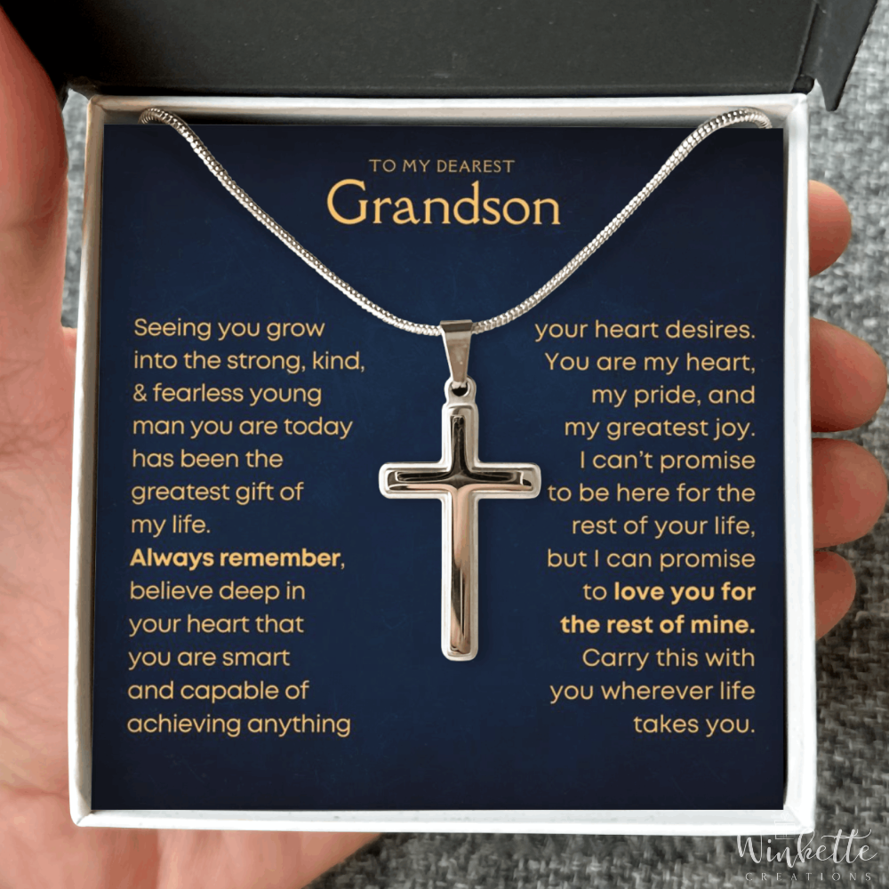 To My Grandson Cross Necklace GS92 – Personalized Silver Cross Pendant Gift for Grandson