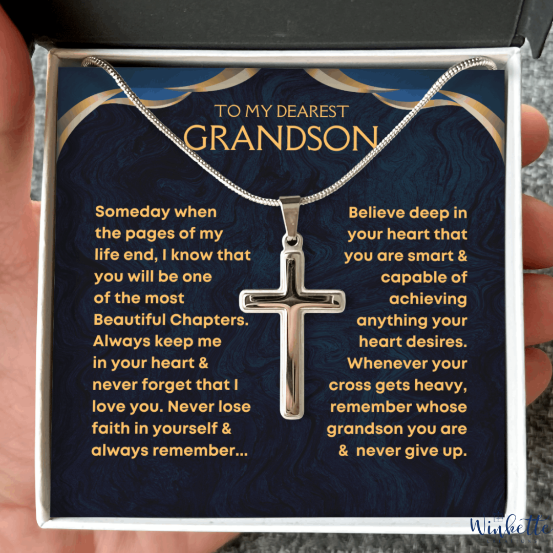 Silver cross necklace in a gift box with sentimental message for a grandson