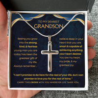 Thumbnail for Silver cross necklace in a gift box with a message for a grandson.
