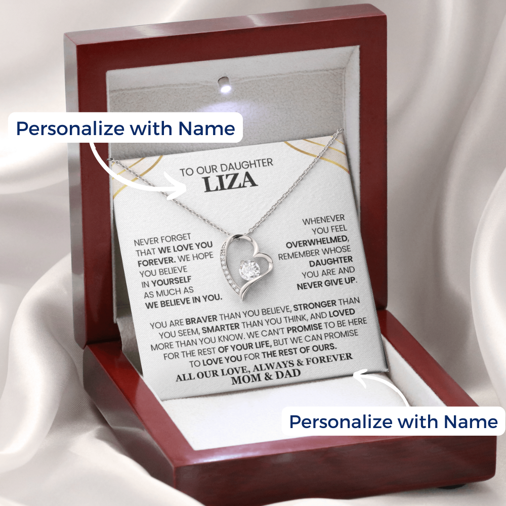A personalized love necklace for daughter with a heart-shaped pendant, presented in a luxury box with a message card that can be customized with a name.