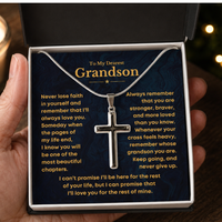 Thumbnail for Silver cross necklace in a gift box with a message for a grandson.