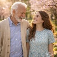 Thumbnail for Grandfather and teenage granddaughter walking together in a spring garden, smiling and talking, surrounded by soft blooming flowers and warm sunlight