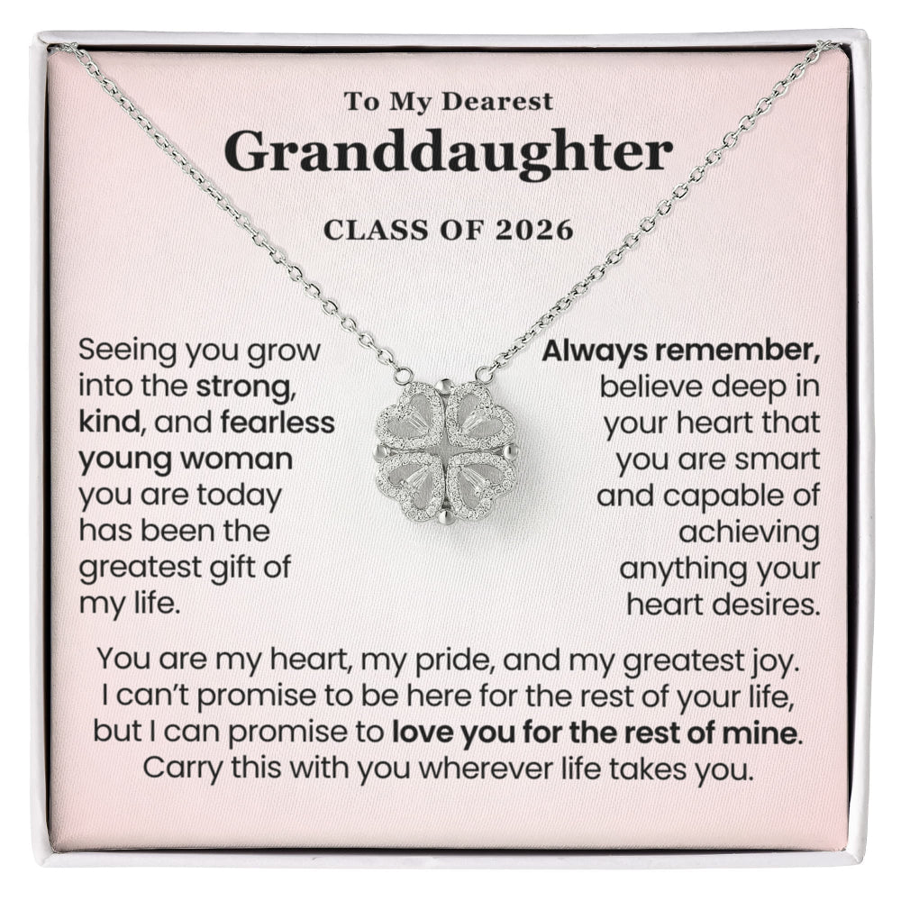 Granddaughter graduation necklace gift Class of 2026 with heartfelt message card and white gold magnetic hearts pendant in gift box