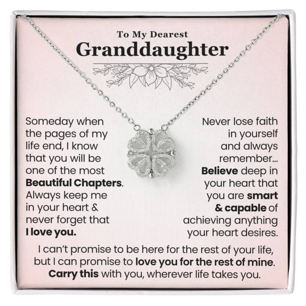 Magnetic Heart Clover Necklace for Granddaughter in a white gift box with an inspirational "Beautiful Chapters" message card.