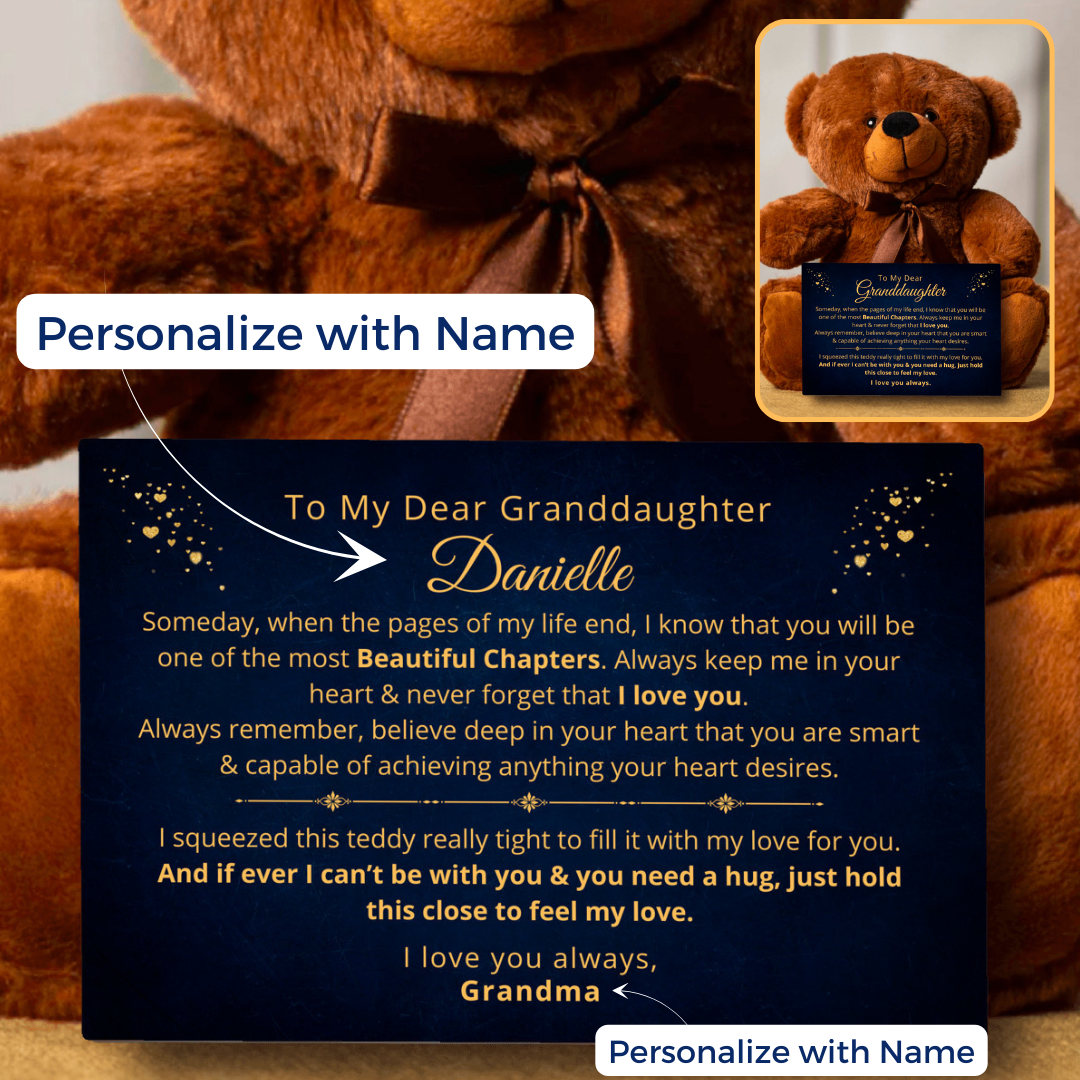 A brown teddy bear with a personalized canvas message card, showing options for customization with names. Gift for granddaughter