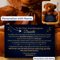 Thumbnail for A brown teddy bear with a personalized canvas message card, showing options for customization with names. Gift for granddaughter