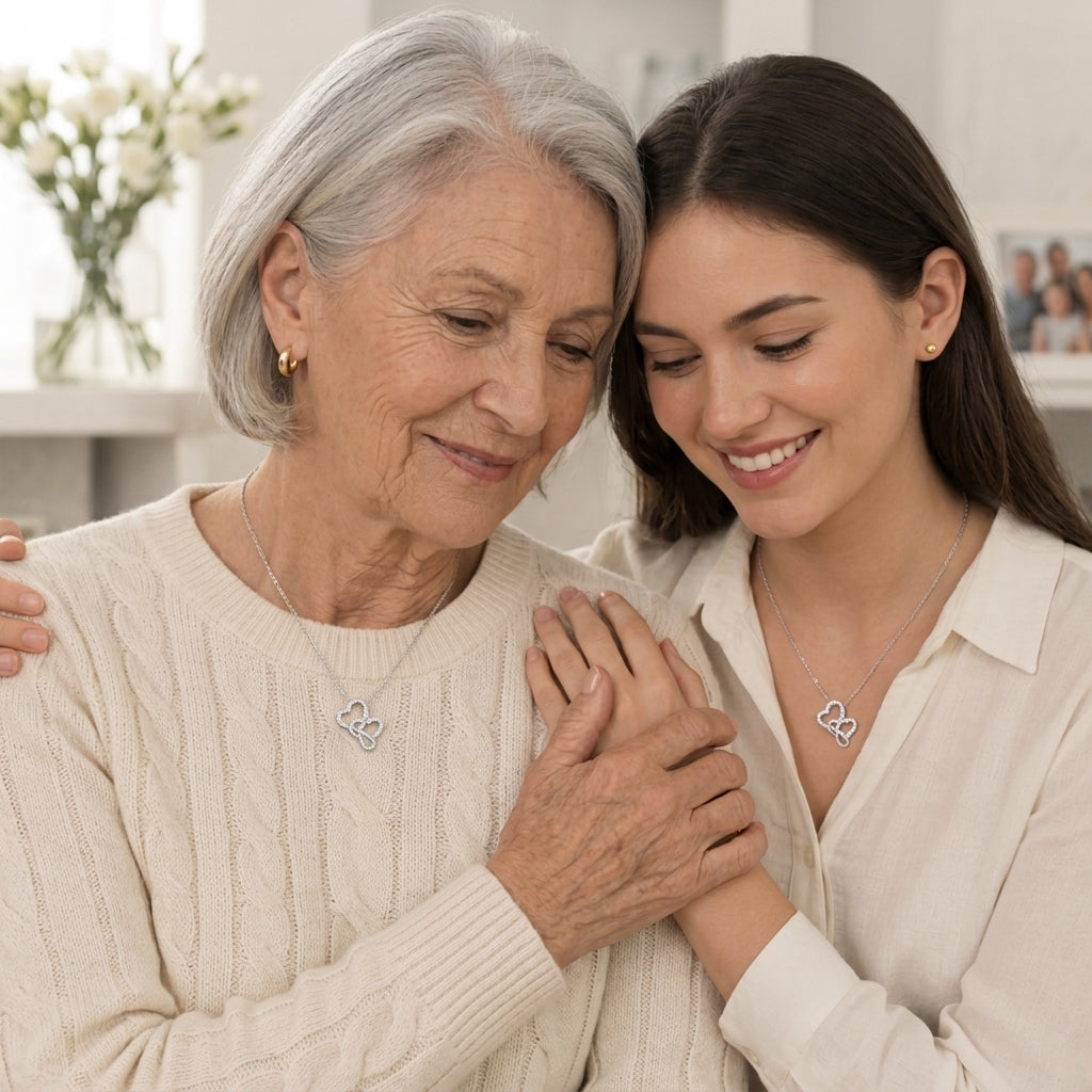A grandmother and granddaughter smiling each other, both wearing matching silver necklaces with a heart to heart pendant in a bright indoor setting