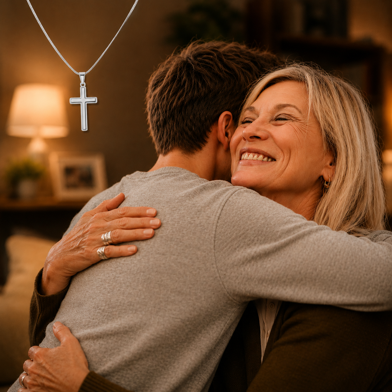 Grandmother hugging her grandson in a warm home setting with a silver cross necklace, a meaningful faith gift for grandson from Grandma.