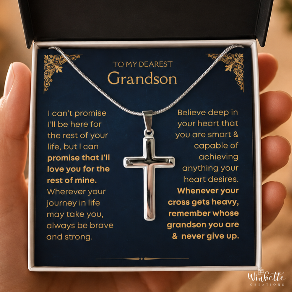 Silver cross necklace displayed in a gift box with an inspirational message card for a grandson. Perfect Christian gift from grandparents for birthdays, graduation, baptism, Christmas, and special milestones.