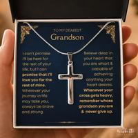 Thumbnail for Silver cross necklace displayed in a gift box with an inspirational message card for a grandson. Perfect Christian gift from grandparents for birthdays, graduation, baptism, Christmas, and special milestones.