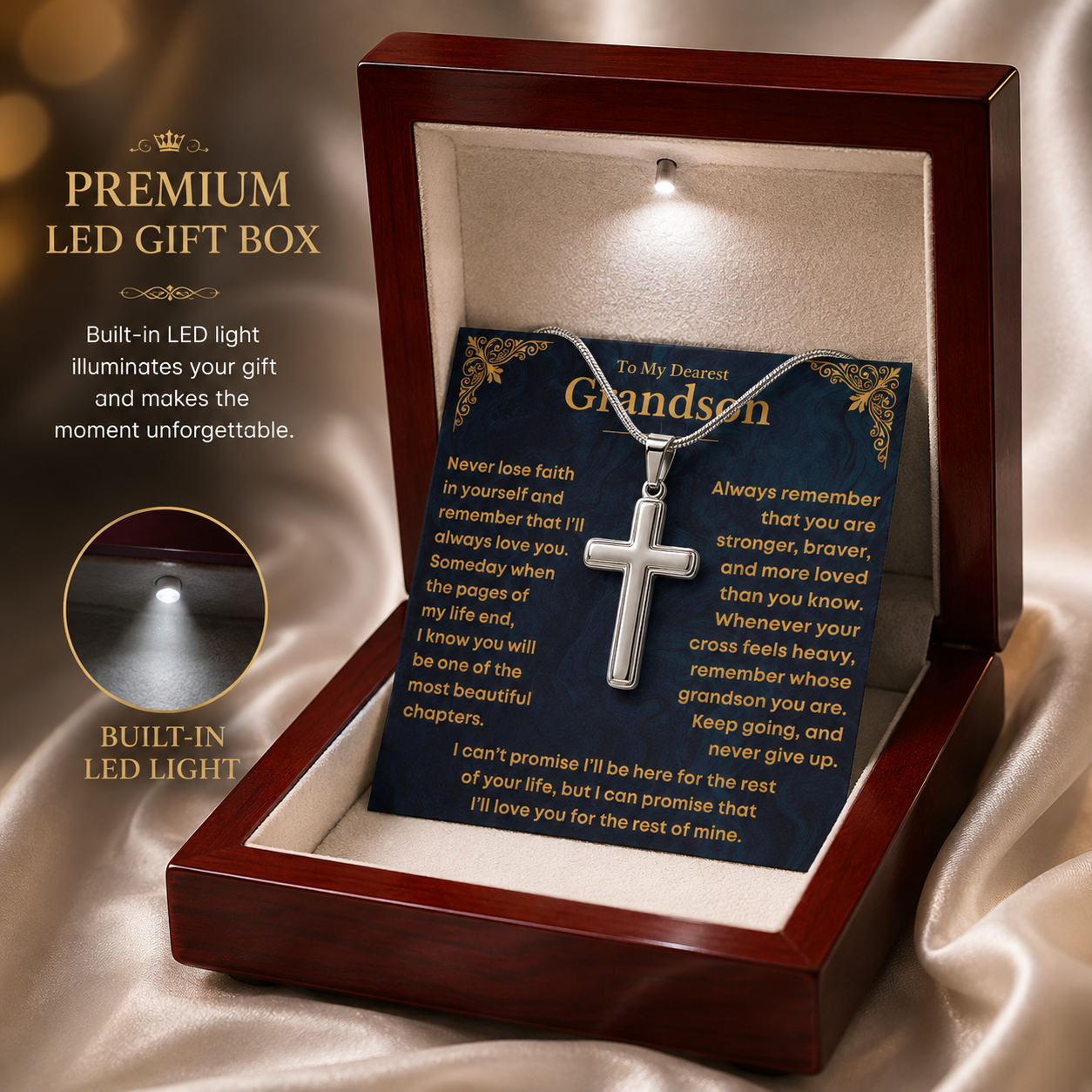 Premium LED gift box featuring a silver cross necklace and an emotional message card for a grandson, beautifully illuminated to highlight a heartfelt keepsake from Grandma and Grandpa.