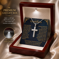 Thumbnail for Premium LED gift box featuring a silver cross necklace and an emotional message card for a grandson, beautifully illuminated to highlight a heartfelt keepsake from Grandma and Grandpa.