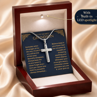 Thumbnail for A silver cross pendant necklace presented in a luxury wooden gift box with a dark blue message card addressed to a grandson. Perfect gift for grandson