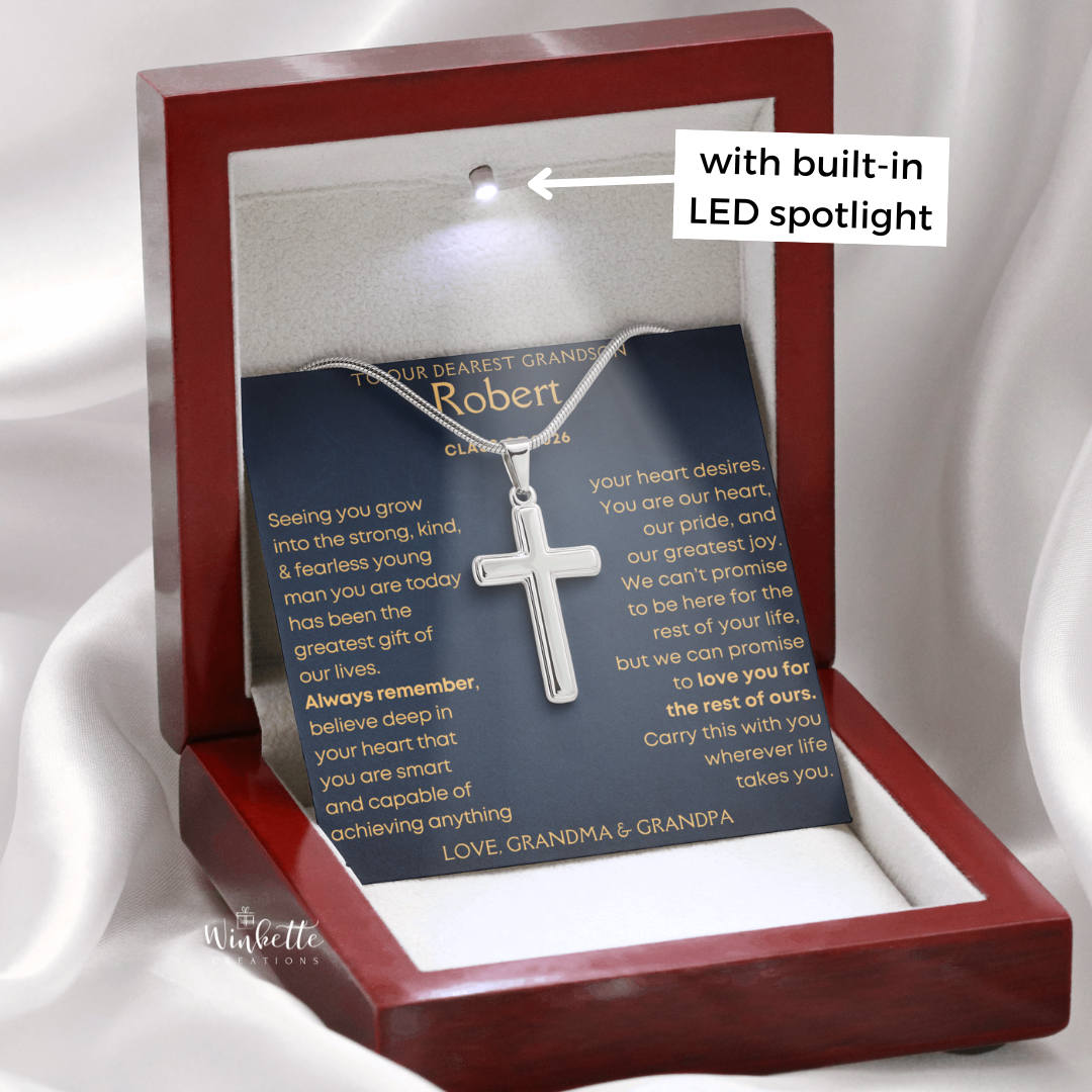 Cross necklace in a gift wooden box with a personalized message card and built-in LED spotlight. Graduation Gift for grandson.