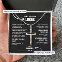 Thumbnail for A hand holds an open gift box containing a cross necklace for a grandson with a heartfelt personalized  message card from Grandma. The necklace is displayed on a black card with white text that reads 'TO MY GRANDSON LUCAS' and includes customizable name placeholders.