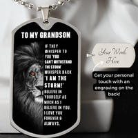 Thumbnail for Personalized dog tag silver necklace with a lion graphic and engraved message for a grandson, shown with a chain and a callout note explaining custom text on the back.