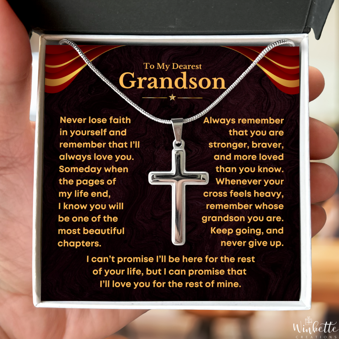 Silver cross necklace with Never Lose Faith message card, meaningful gift for grandson from Grandma or Grandpa.