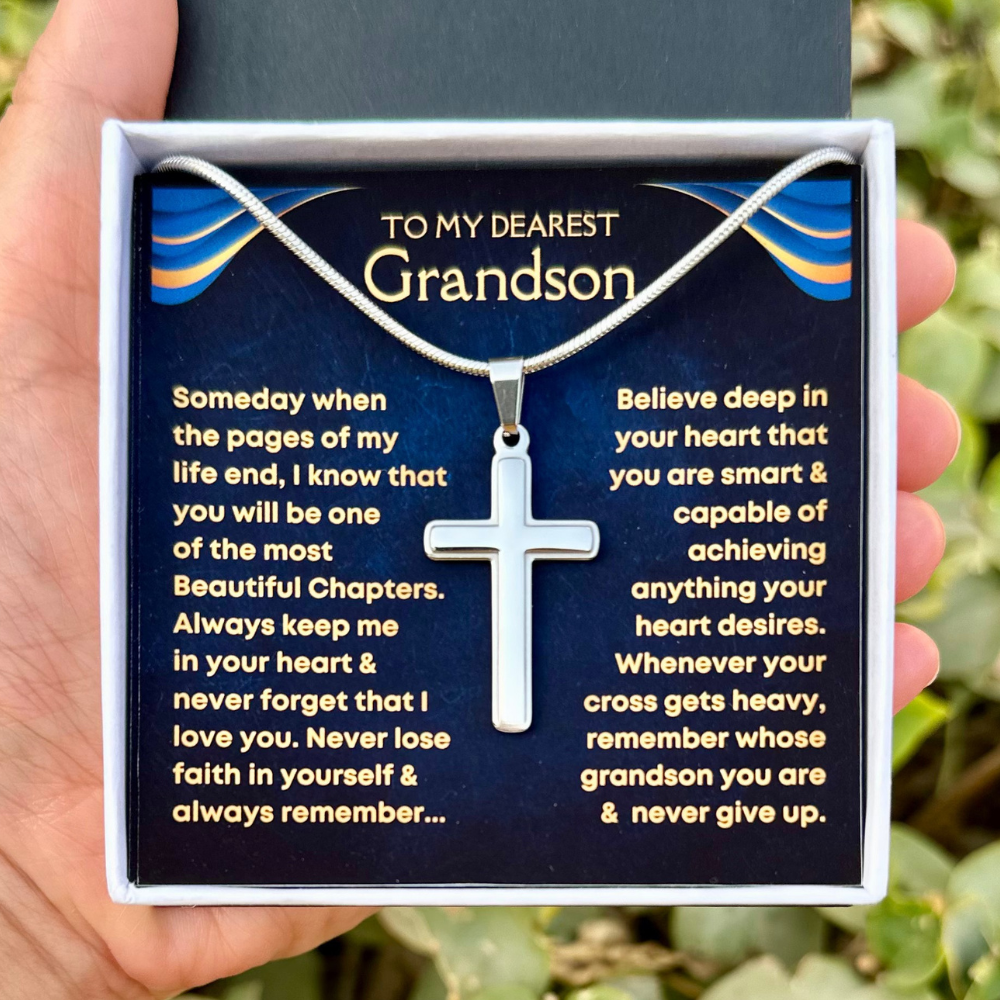 Cross necklace for grandson with heartfelt Never Lose Faith message card, a meaningful gift from Grandma or Grandpa