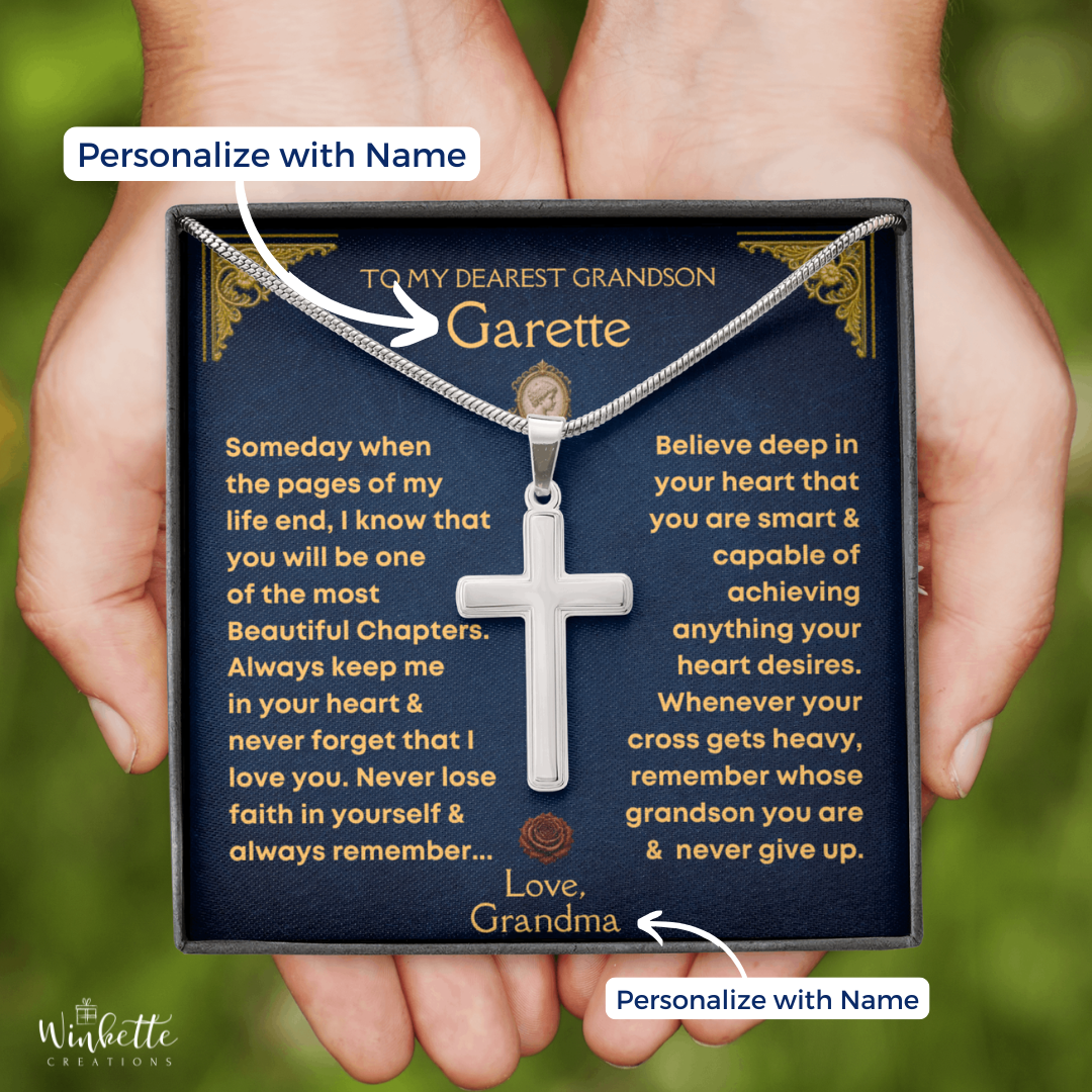 Personalized grandson cross necklace with sentimental message card gift from grandparents.