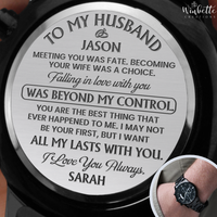 Thumbnail for Personalized engraved watch for husband, black stainless steel men’s watch with romantic message from wife, custom anniversary or birthday gift, close up engraving and wrist view.