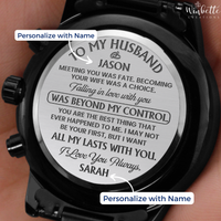 Thumbnail for Personalized engraved watch for husband, black stainless steel men’s watch with romantic message from wife, custom anniversary or birthday gift, close up engraving and wrist view.