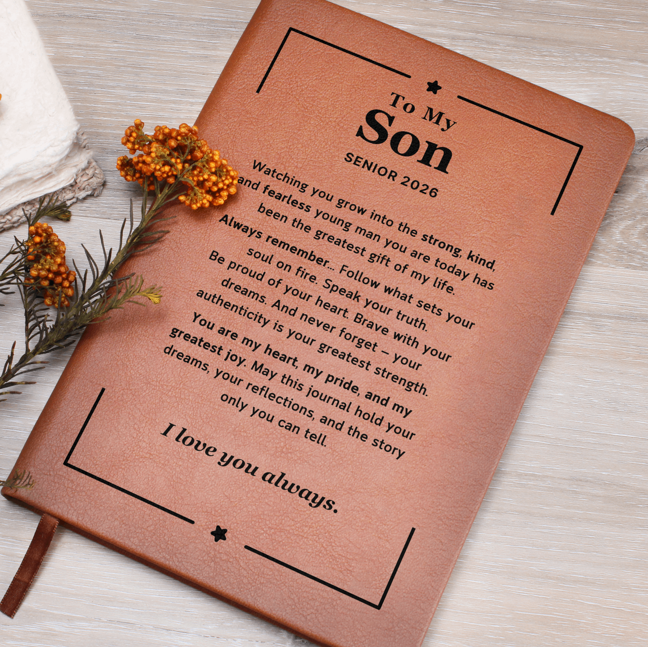 Leather journal with engraved cover – graduation gift for son to write his thoughts and prayers.