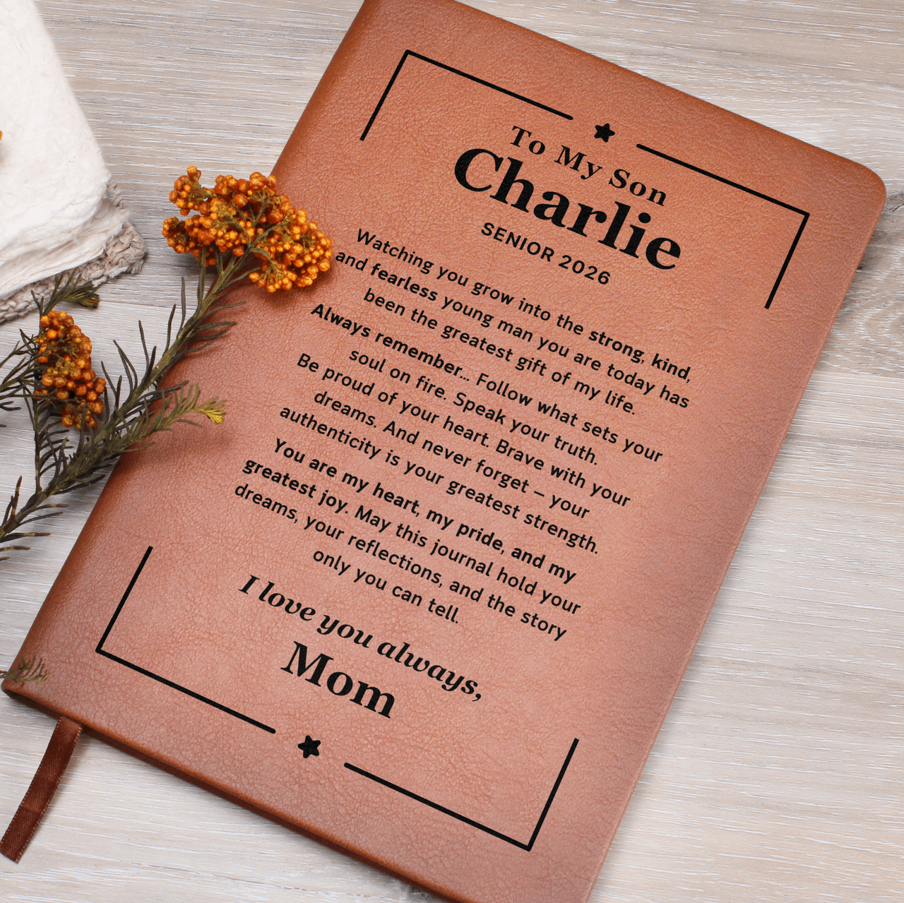 Leather journal with engraved cover – graduation gift for son to write his thoughts and prayers.