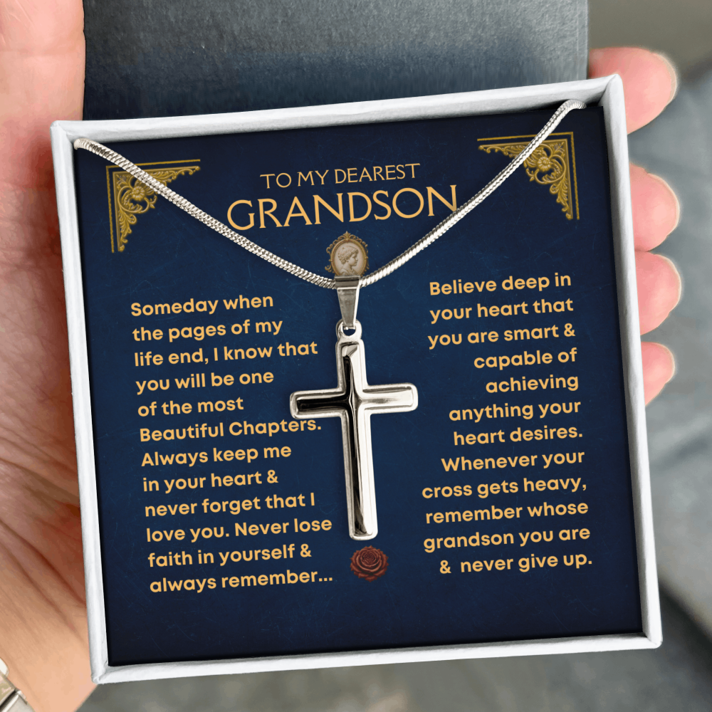 Silver cross necklace in a gift box with a message for a grandson.