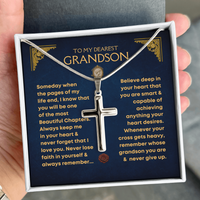 Thumbnail for Silver cross necklace in a gift box with a message for a grandson.