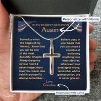 Thumbnail for A silver cross necklace on a chain, presented in a gift box with a personalize message card for a grandson.