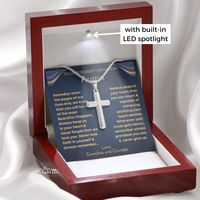 Thumbnail for A silver cross necklace on a chain, presented in a luxury box with a personalize message card for a grandson.