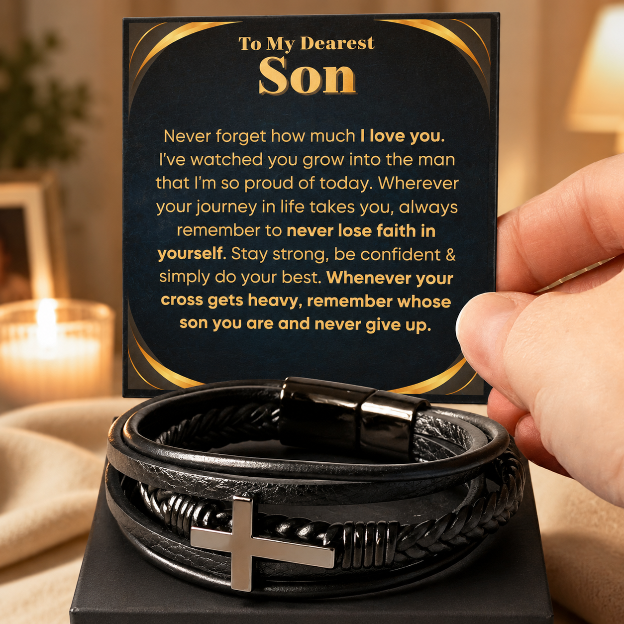 Meaningful leather cross bracelet gift for son presented in classic gift box.